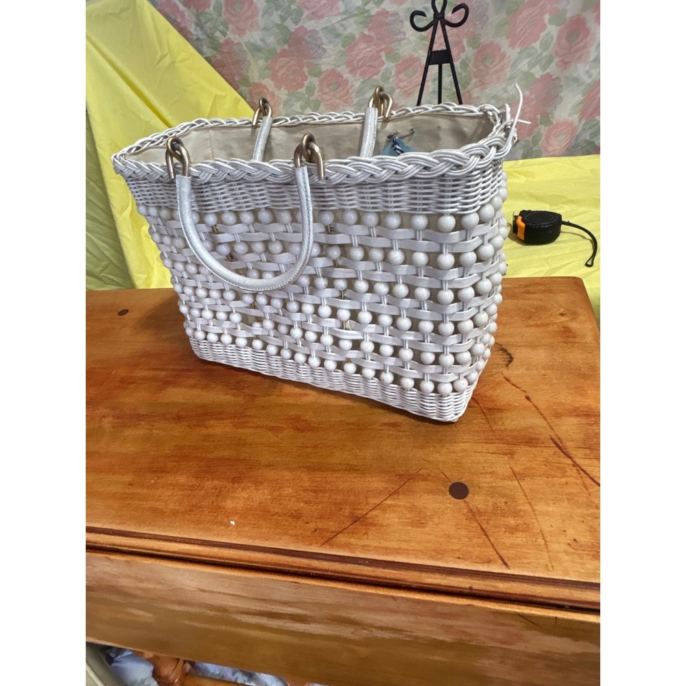 Vintage White Wicker Beaded Basket Tote Bag Mid Century Hong Kong Summer Purse